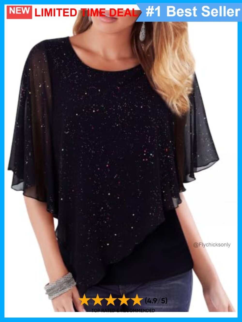 Womens Sparkle Chiffon Poncho Blouse Cape Sleeve Dressy Top